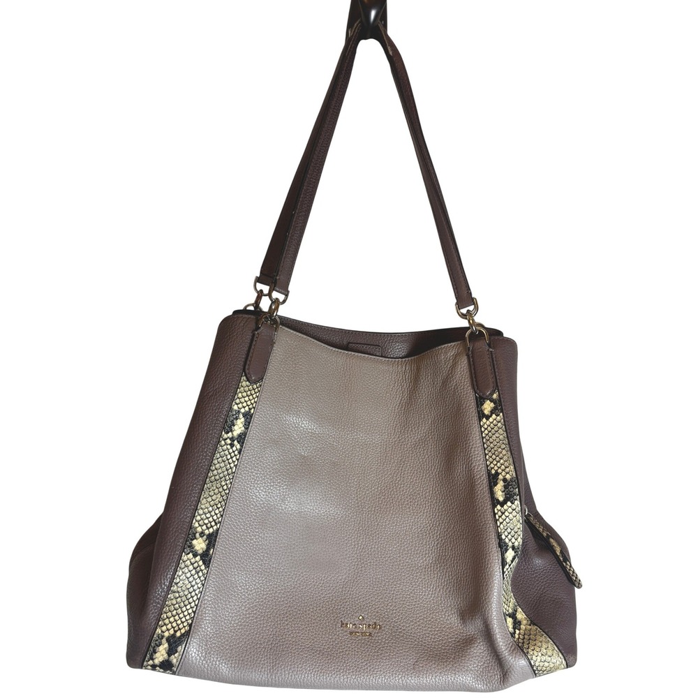 Kate Spade New York Pebbled Leather Snakeskin Trim Shoulder Bag Taupe Brown Tote